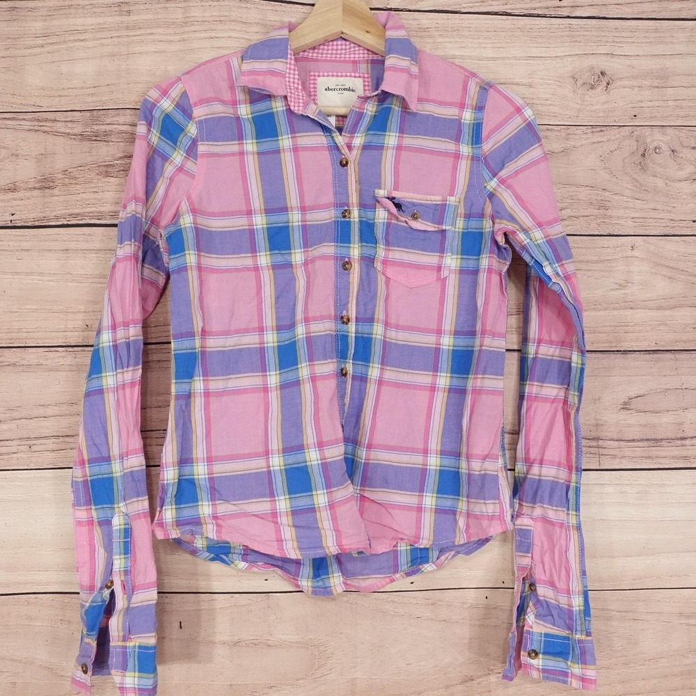Abercrombie Kids Shirt Girls XL Pink Plaid Long Sleeve Button-Up Cotton Girls